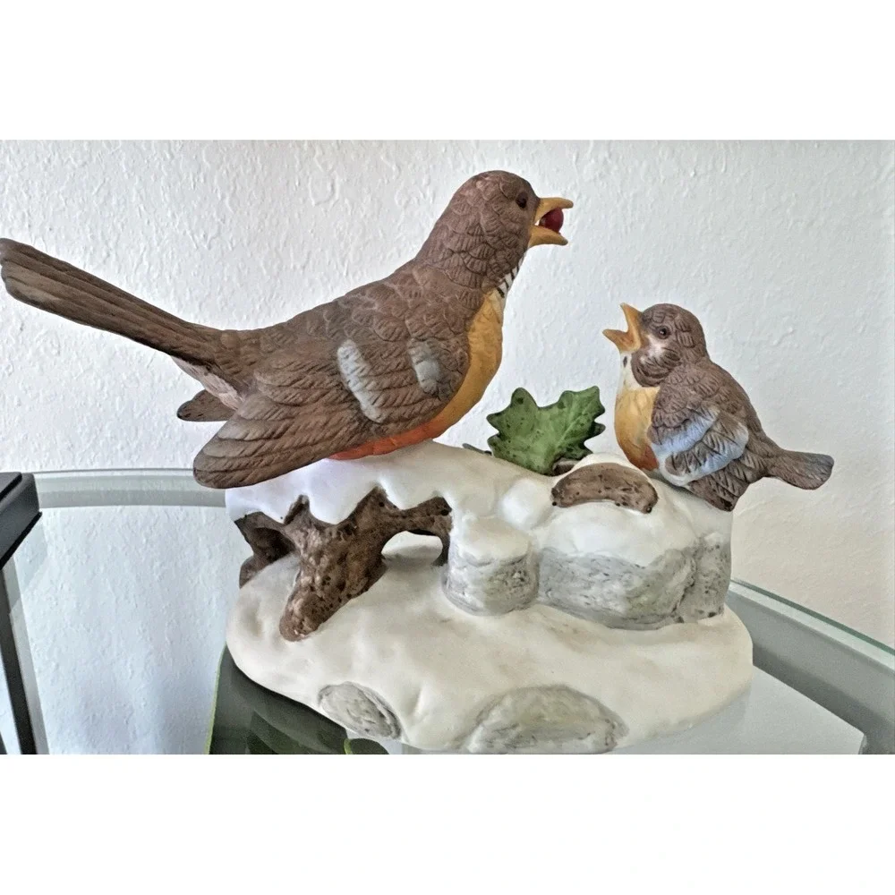 Vintage Taiwan Ceramic Bird Figurine Parent Feeding Baby Bird Holly Snow
